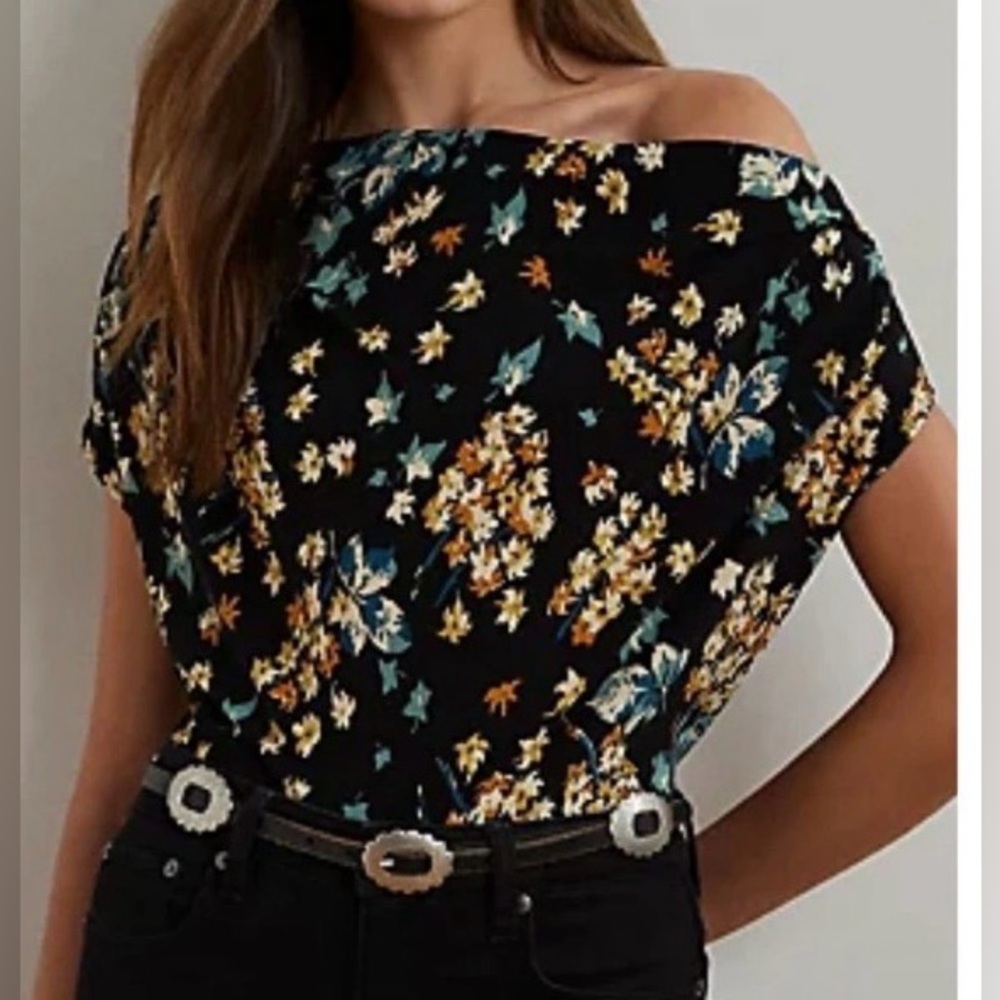 Lauren Ralph Lauren Floral Draped Neck Jersey Blouse Stretch Petite Size Small